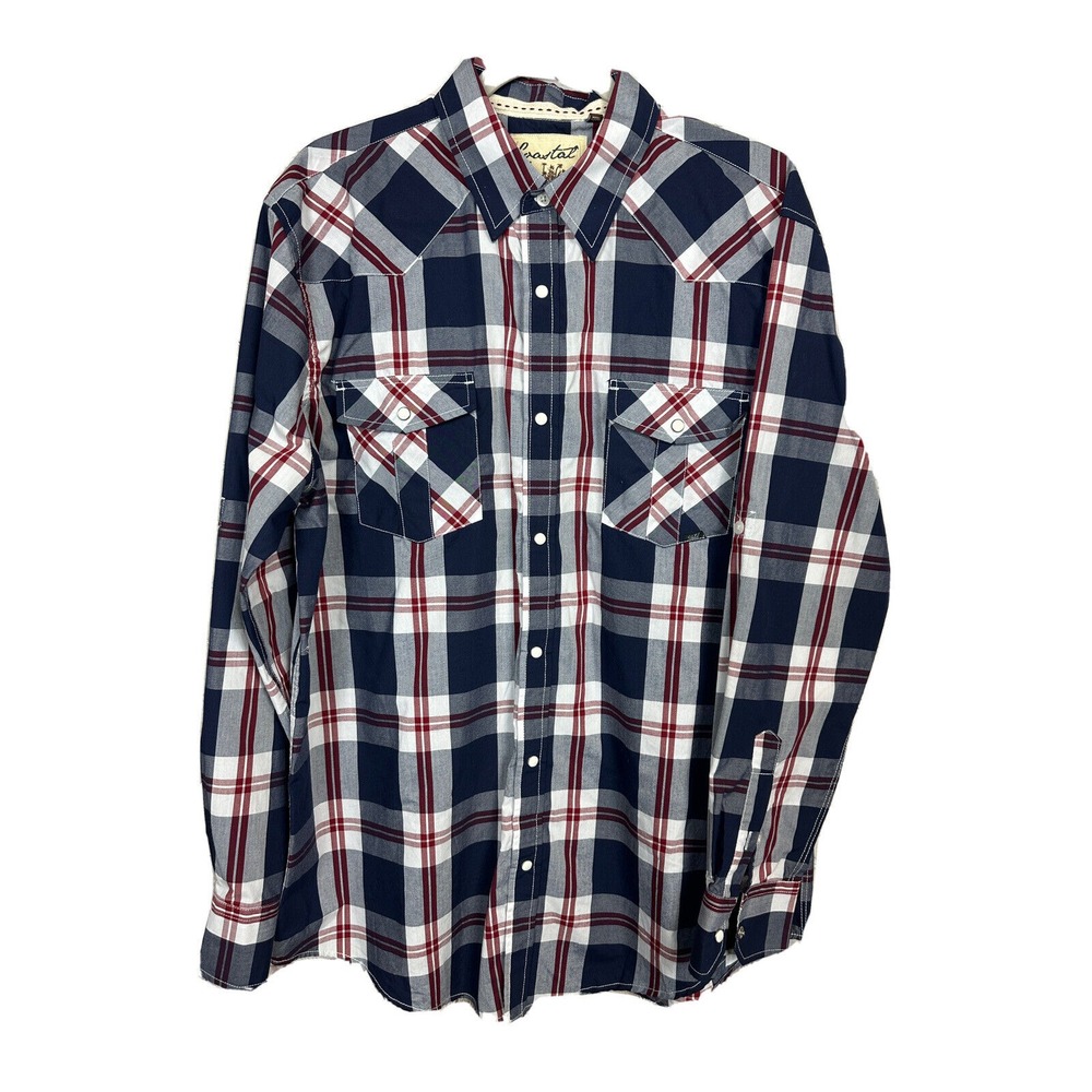 Coastal Plaid long sleeve button‎ up pearl snap shirt, blue red white, sz XL